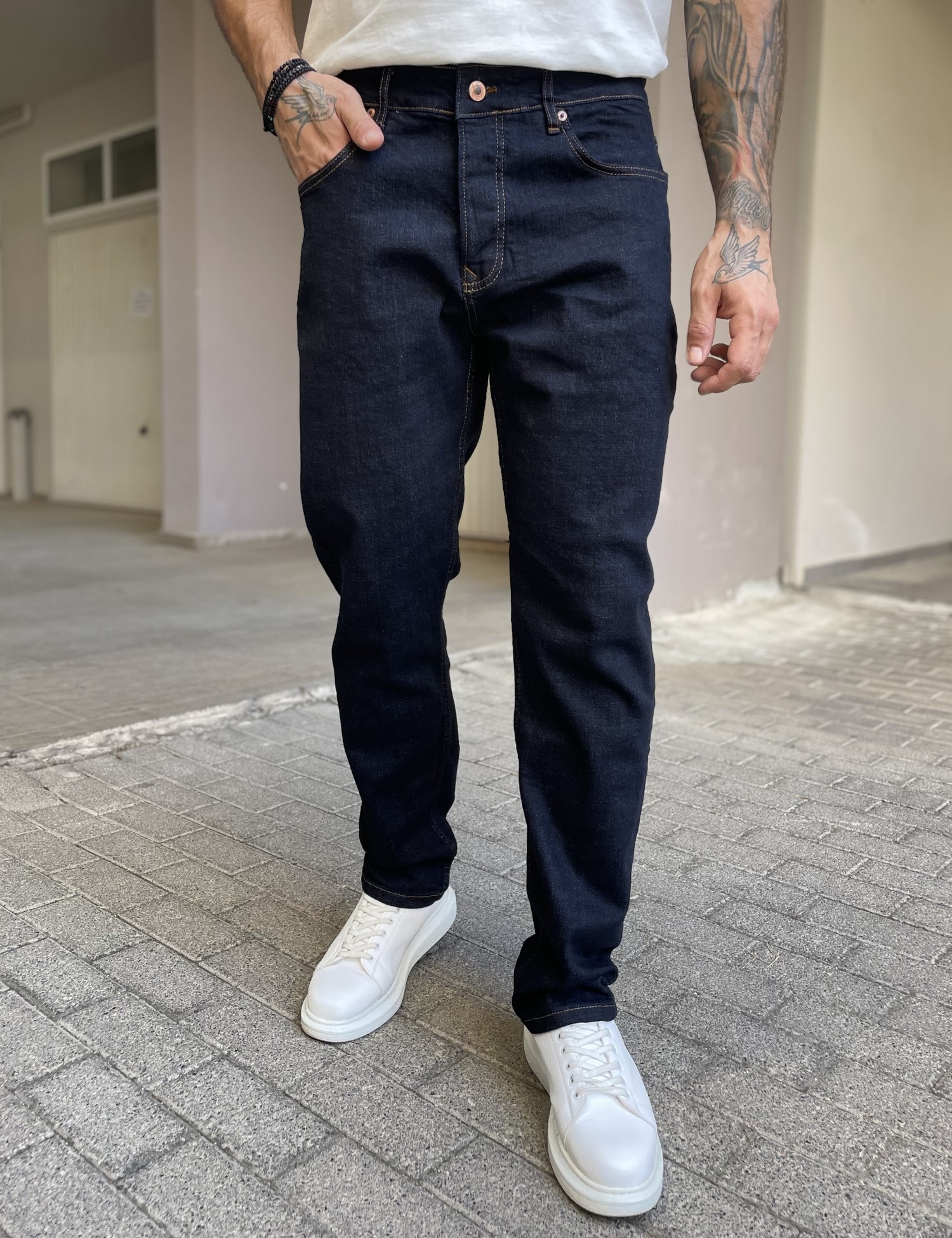 3LINE Ανδρικό blue black πεντάτσεπο τζιν παντελόνι ίσιο με κουμπιά 3LN2026